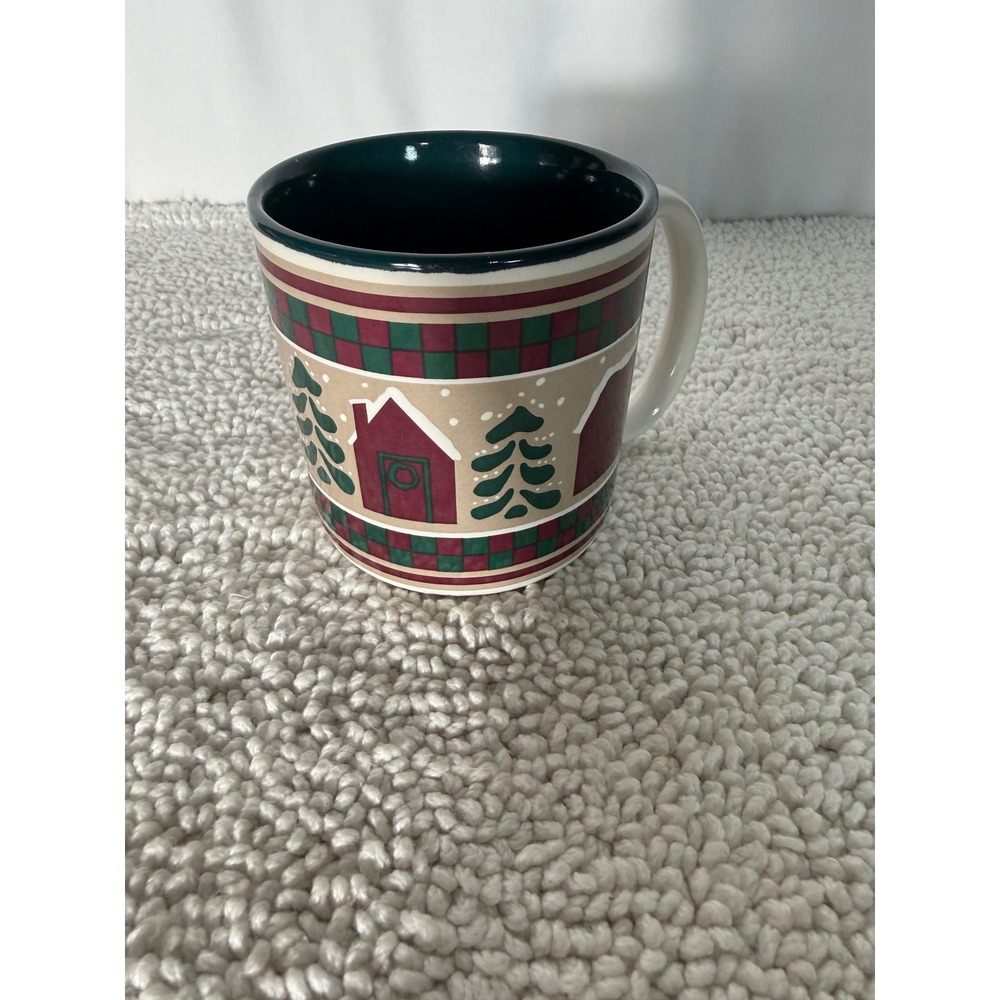 Vintage 1990 Potpourri Press Christmas Mug Winter Village Trees Korea Green Red